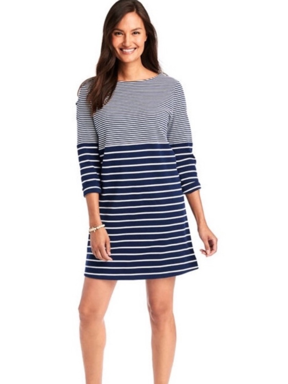 Vineyard Vines Navy/White Striped Knit Shift Dress, Cotton, Long Sleeve, Size M